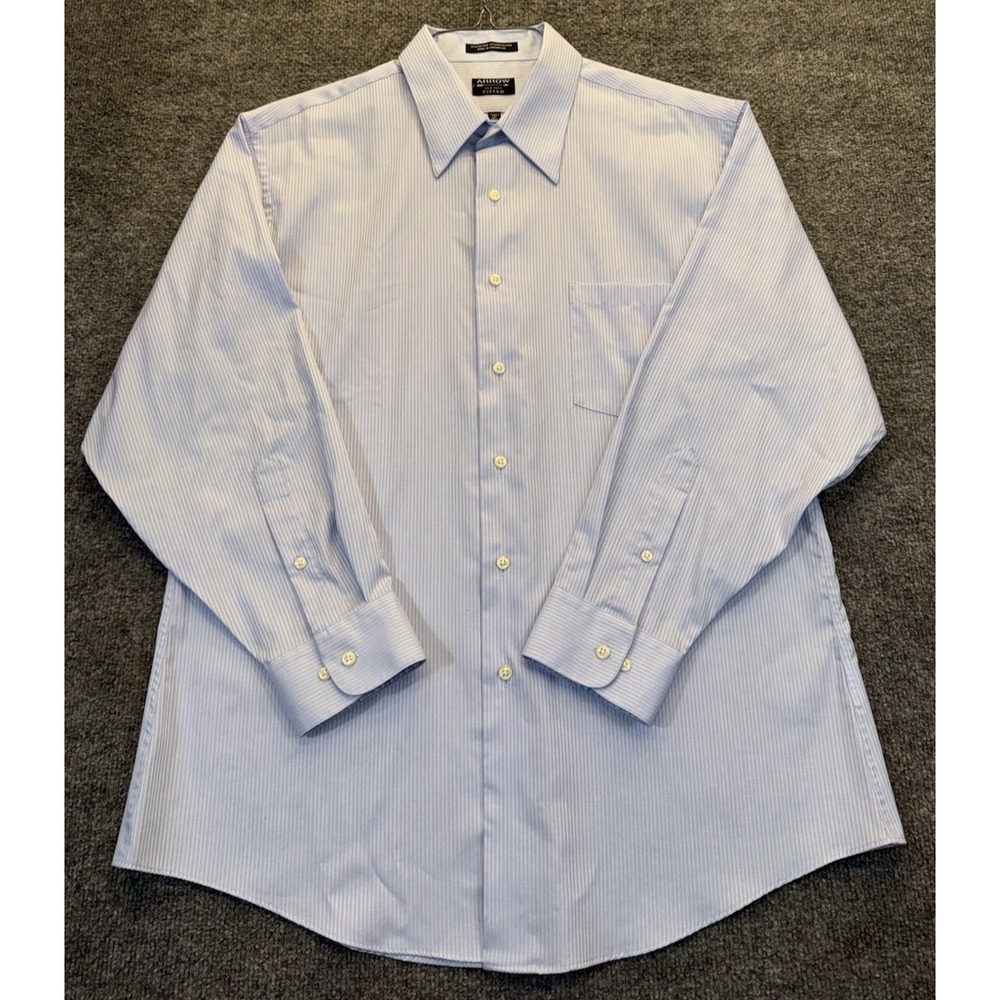 Arrow Men's 17 32/33 XL Blue White Stripe Fitted Wrinkle Free Dress Shirt